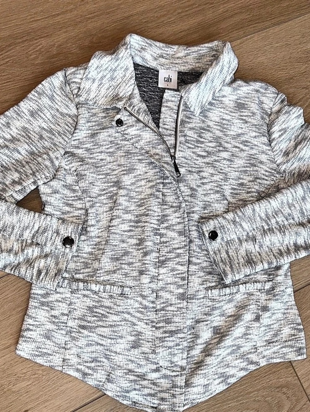 Cabi Neo Moto Jacket Abstract Knit White & Gray Small
